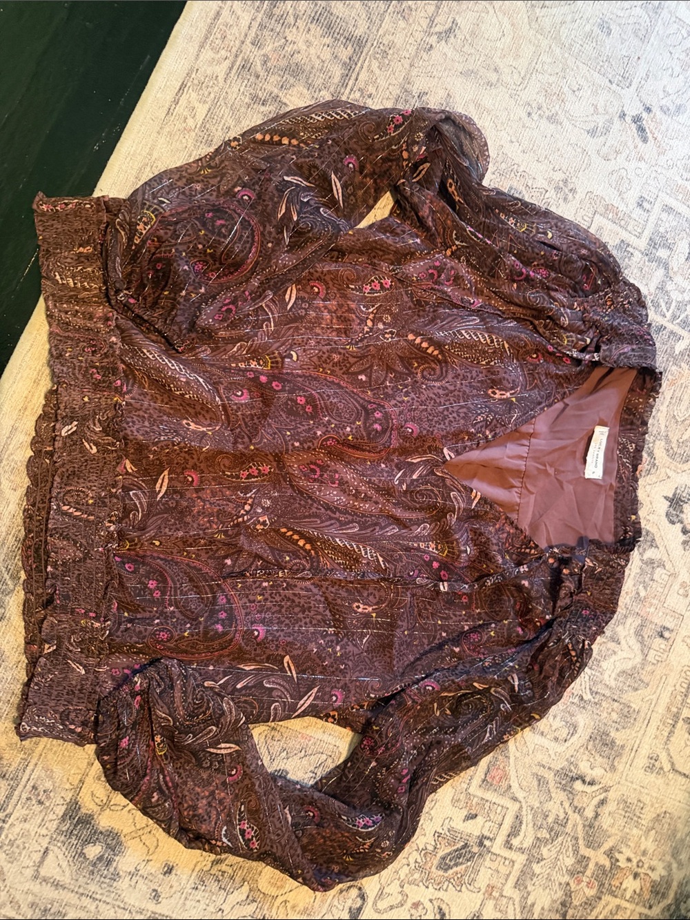 Lucky Brand Brown Paisley Blouson Top with Yellow, Pink and Metallic Accents